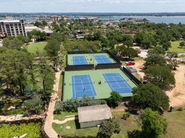 Aerial view of the pickleball courts at Mouratoglou Tennis Center Horseshoe Bay.