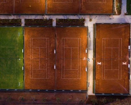 Drone view of all the courts at Costa Navarino