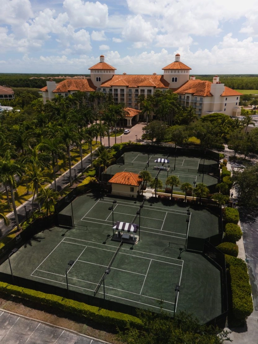 Aerial view of Mouratoglou Tennis Center Naples located at The Ritz-Carlton Naples Tiburón in Florida