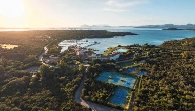Aerial view of Mouratoglou Tennis Center Cala di Volpe with tennis courts near Hotel Cala di Volpe in Costa Smeralda, Sardinia.