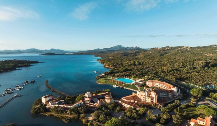 Aerial view of Hotel Cala di Volpe and Mouratoglou Tennis Center in Costa Smeralda.