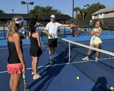 Andreas Seppi coaching players during an adult tennis clinic at Mouratoglou Tennis Center Horseshoe Bay.
