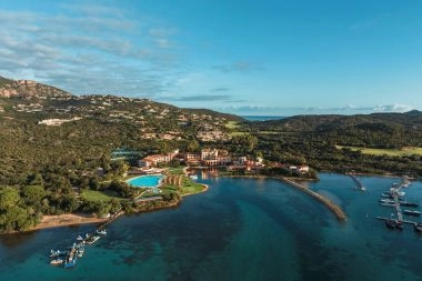 Aerial view of Hotel Cala di Volpe and Mouratoglou Tennis Center Cala di Volpe in Costa Smeralda, Sardinia.