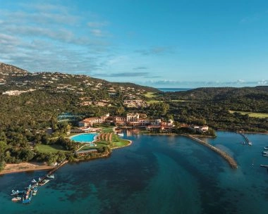 Aerial view of Hotel Cala di Volpe and Mouratoglou Tennis Center Cala di Volpe in Costa Smeralda, Sardinia.