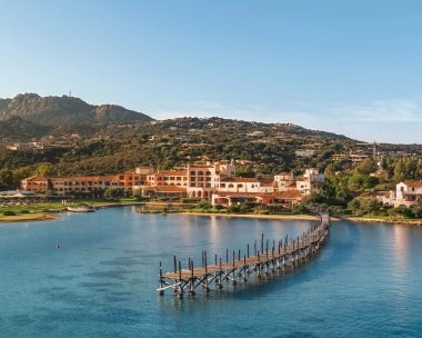 View of Hotel Cala di Volpe and the bay near Mouratoglou Tennis Center Cala di Volpe in Costa Smeralda, Sardinia.