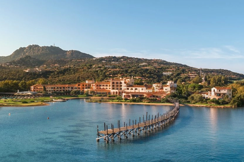 View of Hotel Cala di Volpe and the bay near Mouratoglou Tennis Center Cala di Volpe in Costa Smeralda, Sardinia.