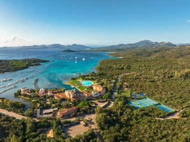 Aerial view of Mouratoglou Tennis Center Cala di Volpe and Hotel Cala di Volpe in Costa Smeralda, Sardinia.