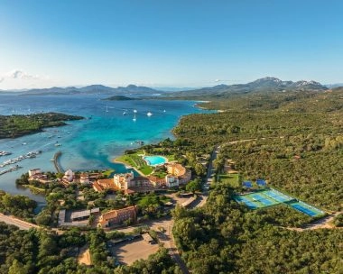 Aerial view of Mouratoglou Tennis Center Cala di Volpe and Hotel Cala di Volpe in Costa Smeralda, Sardinia.