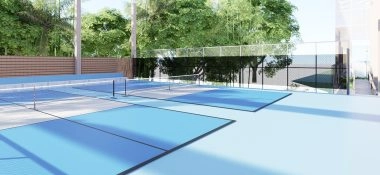 Semi-indoor pickleball courts at Mouratoglou Tennis Center Bali with multiple pickleball courts and modern sports facilities.