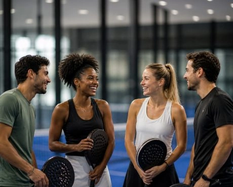 Four players enjoying a social padel session and conversation on an indoor court at M Padel.