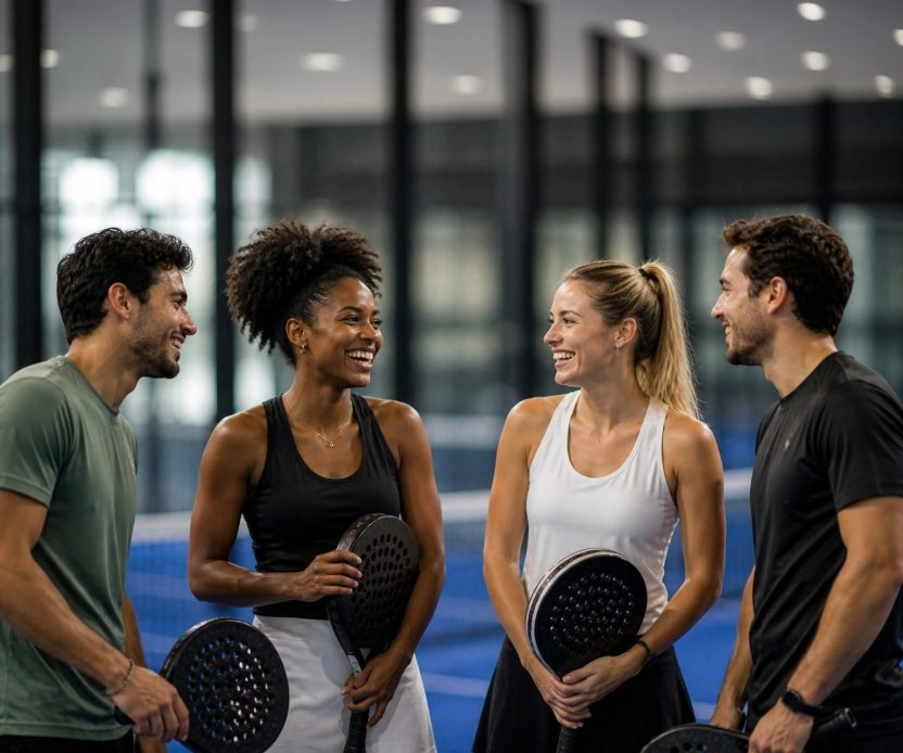 Four players enjoying a social padel session and conversation on an indoor court at M Padel.