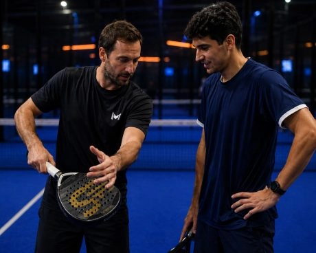 Padel coach providing one-on-one instruction during a private padel lesson at M Padel.