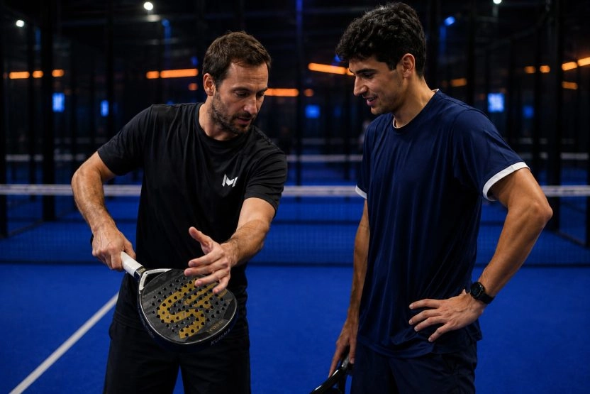 Padel coach providing one-on-one instruction during a private padel lesson at M Padel.