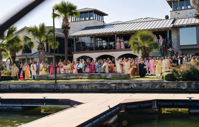 Guests gathered for a private outdoor event overlooking the waterfront at Horseshoe Bay Resort.