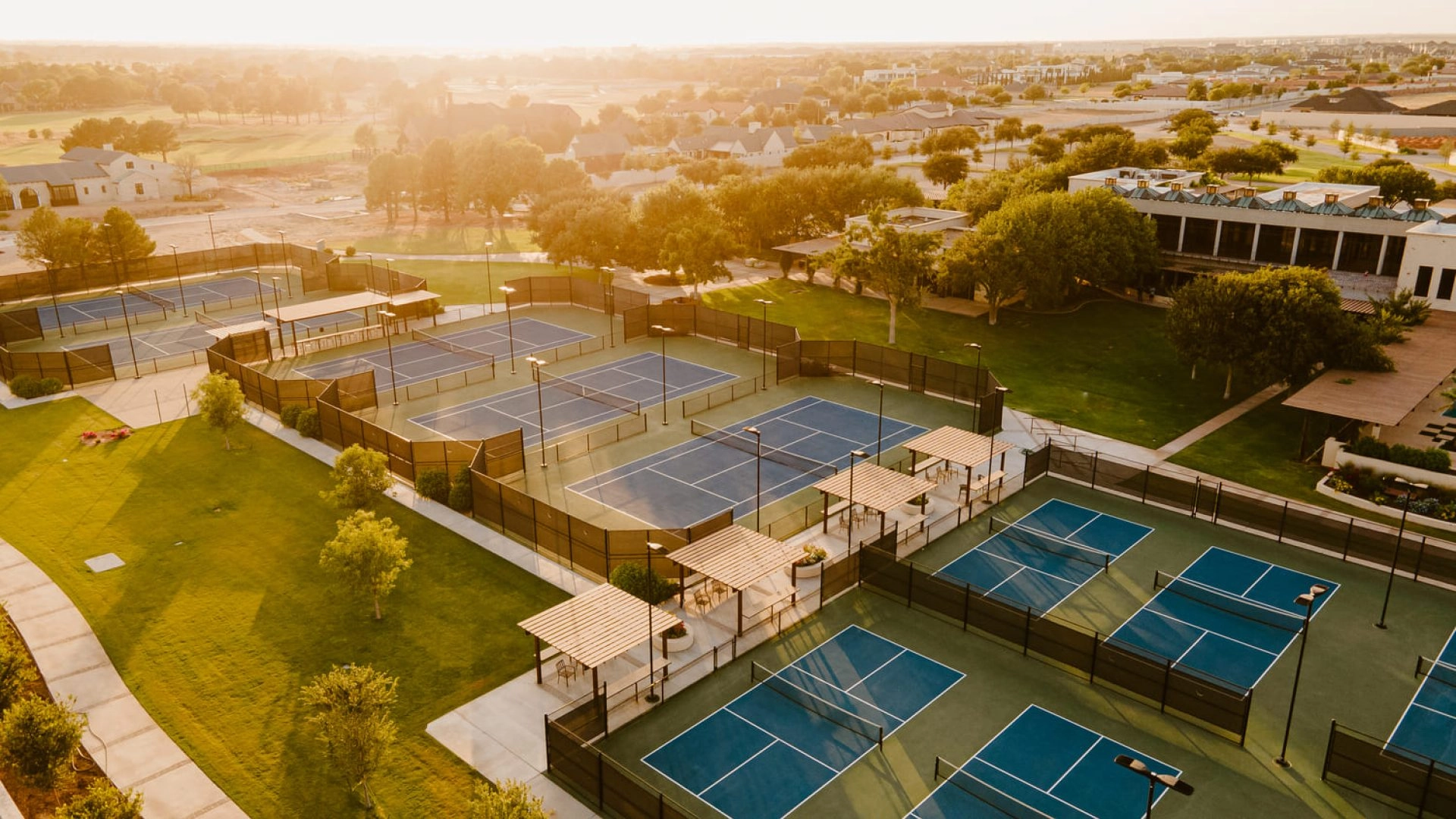 Aerial view of outdoor tennis and padel courts at Mouratoglou Tennis Center Odessa Midland at La Estancia.