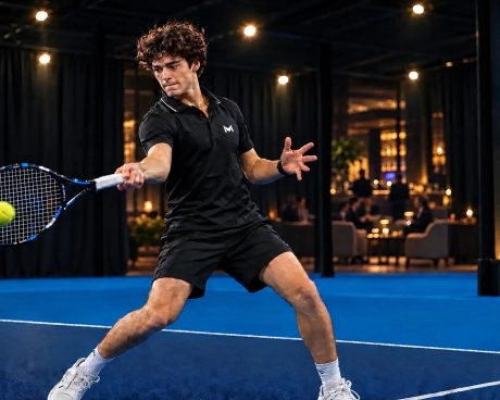 Young tennis player in black training gear hitting a forehand on a blue indoor court.